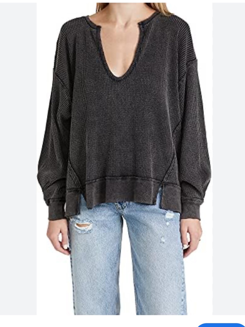 Free People 🩶🖤 we the free Charcoal Waffle V-Neck Cozy long sleeve Sweater NWT